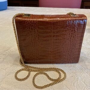 Elegant Brown Leather with Crocodile Pattern Bag with Gold Chain